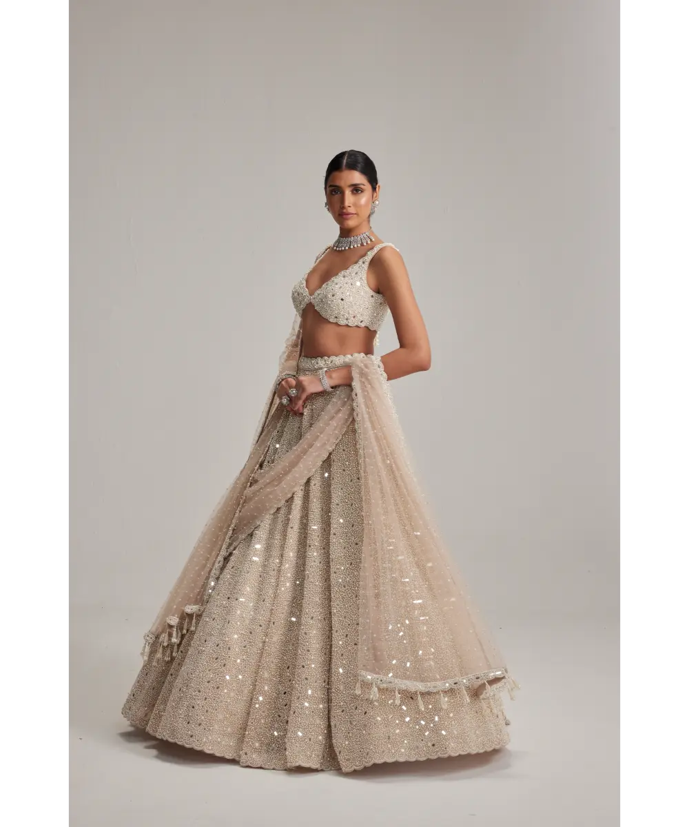 VVANI VATS- Light Beige Dense mirror and pearl lehenga set With Double Dupatta